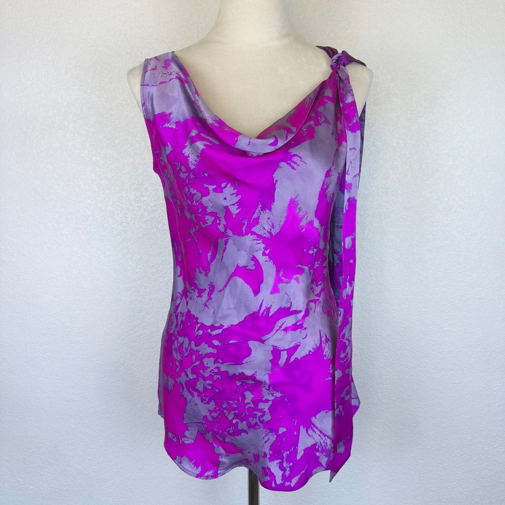 Cabi 100% Silk Floral Cowl Neck Sleeveless Top Pink Purple Grey Tie Accent Sz XS - Picture 4 of 9